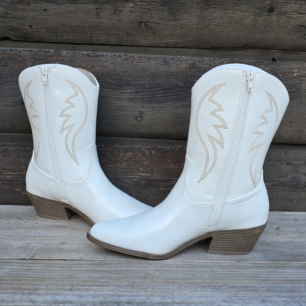 Y2K White Western Cowgirl Deco Stitch Block Heel Boots Women's Size 8M - Picture 5 of 10